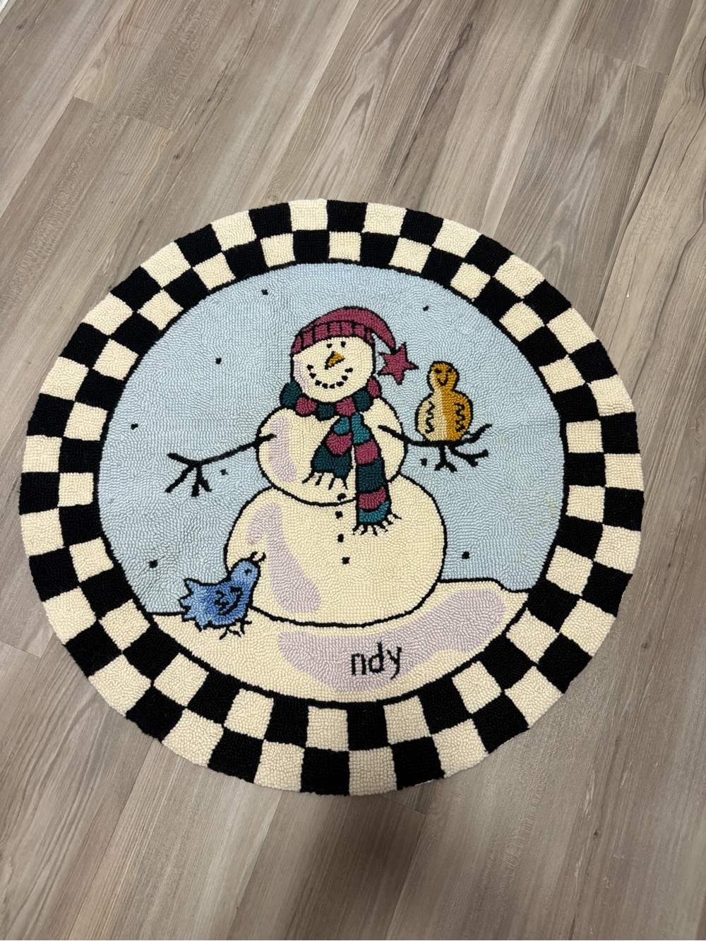 Round Snowman Door Mat in Light Blue and Black